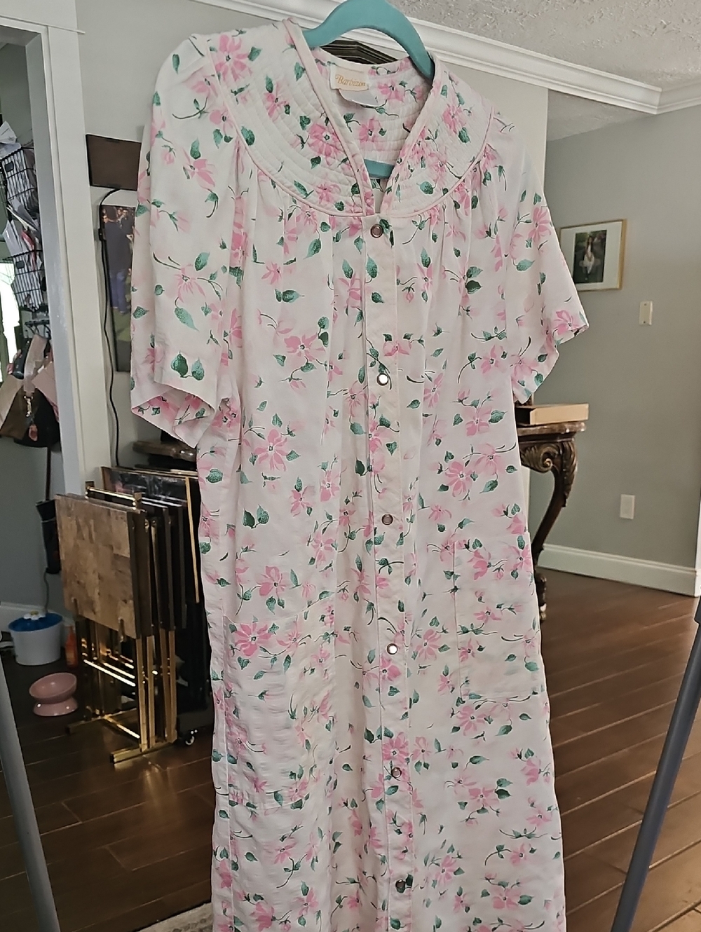 Vtge Barbizon Quilted On Top Button-Front Nightgown Patio Drees Floral /pockets